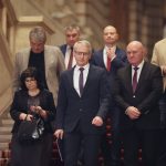 София (29 януари 2024) В Министерски съвет се провежда брифинг във връзка с предложението на правителството за отпадане на таксите за обучение на студенти и докторанти. На снимката: председателят на Националното представителство на студентските съвети Даниел Парушев (дясно), министърът на образованието и науката проф. Галин Цоков (втори отдясно), народният представител от ГЕРБ-СДС Теменужка Петкова (ляво) и министър-председателят акад. Николай Денков (втори отляво). Снимка: Христо Касабов/БТА (БТ)